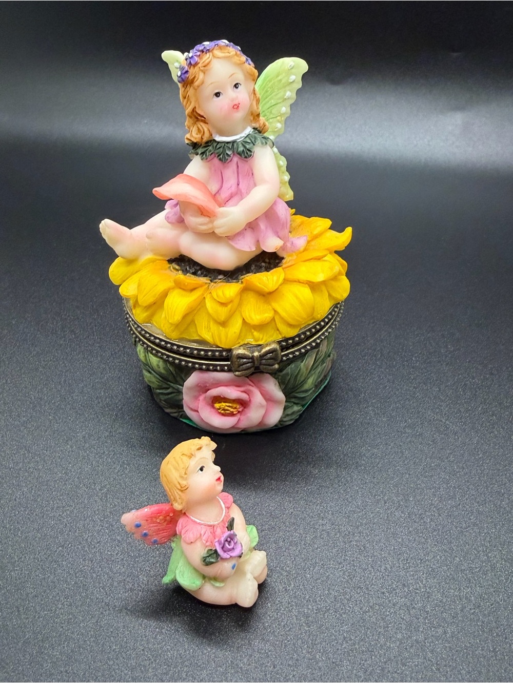 Sunflower And Rose Fairy Hinged Trinket Box With Trinket Fairy
